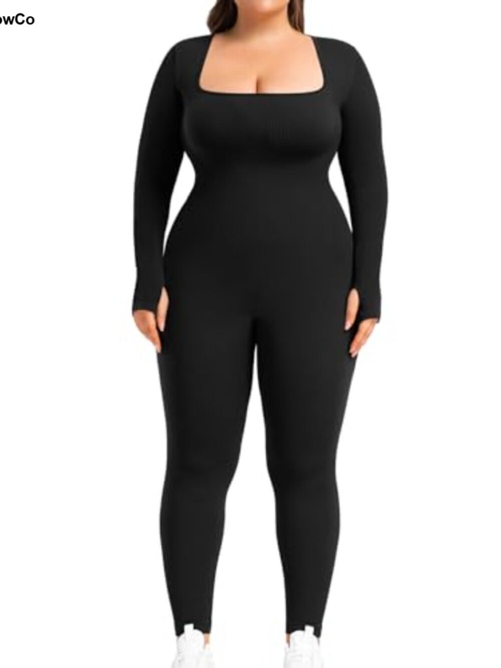 Women's Ribbed Seamless Yoga Jumpsuit Long Sleeve Square Neck Thumb Hole
